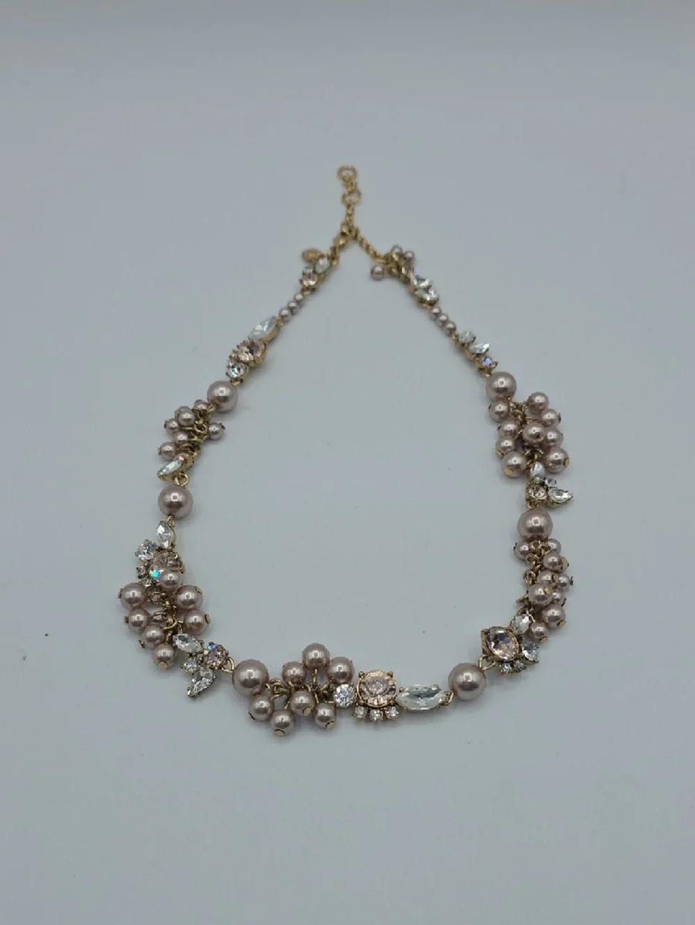 J. Crew Gold-Tone Necklace with Blush Pearl Clusters and Clear Crystals